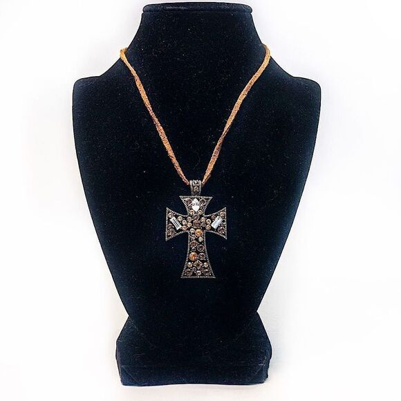 Amber/Citrine Tone Encrusted Holy Cross Pendant Leather Necklace - Picture 2 of 7